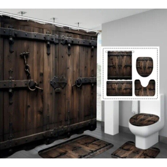 Unbranded Other - Wooden Door-4pcs (Shower Curtain/Bath Rug/U-Shape Mat/Toilet Cover)-(New Cond.)